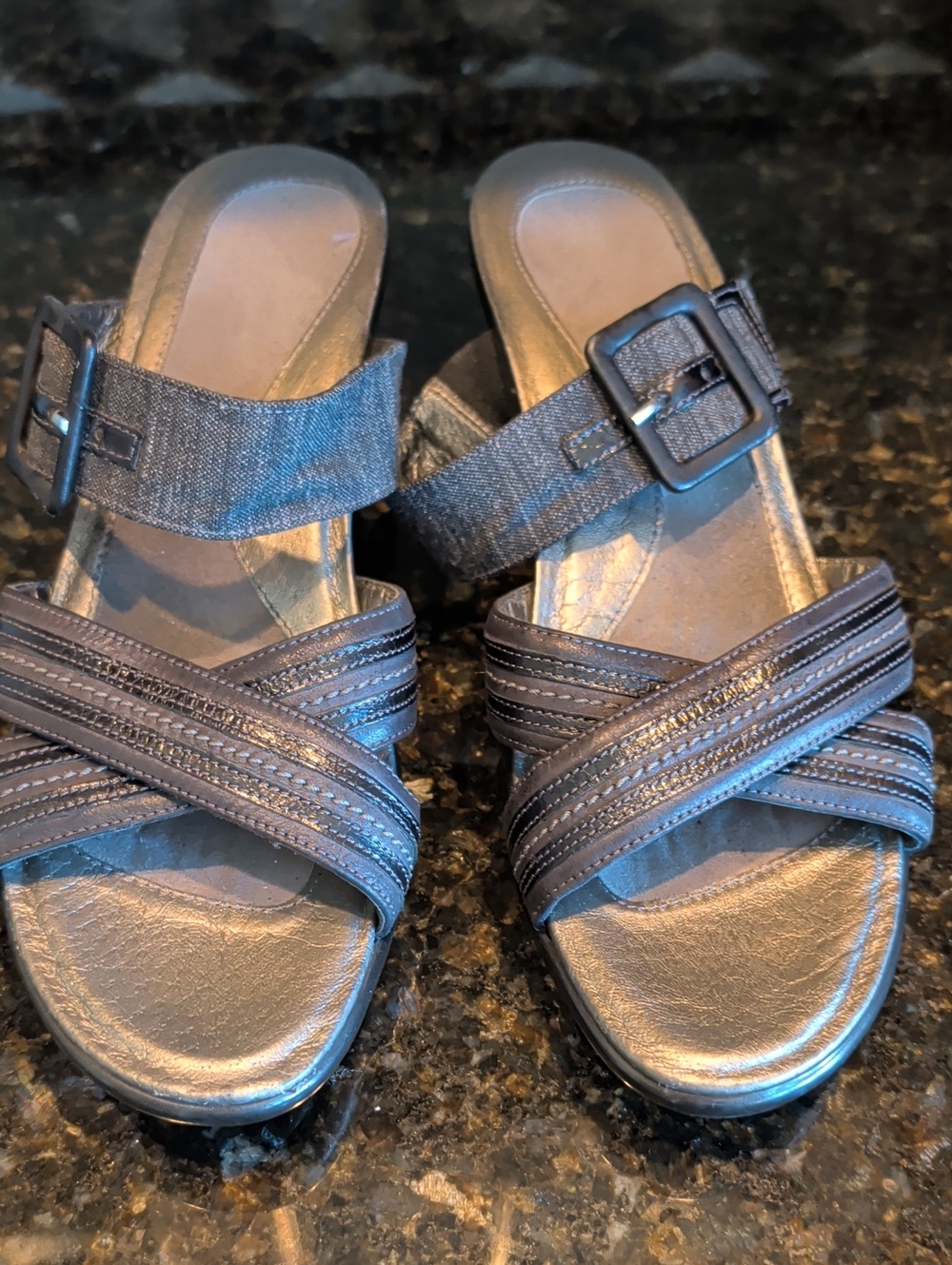 Naot Metallic Pewter Strappy Mule Sandals with Buckle